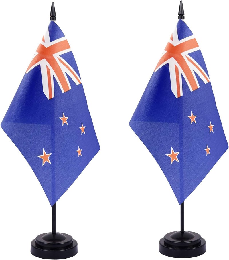 WXTWK 2 Pack New Zealand Flag New Zealand Deluxe Desk Flag Set - Mini Small New Zealand Table Office Flags with Black 12" Solid Pole Stand Base Classroom Meeting Desktop Decorations - Image 1